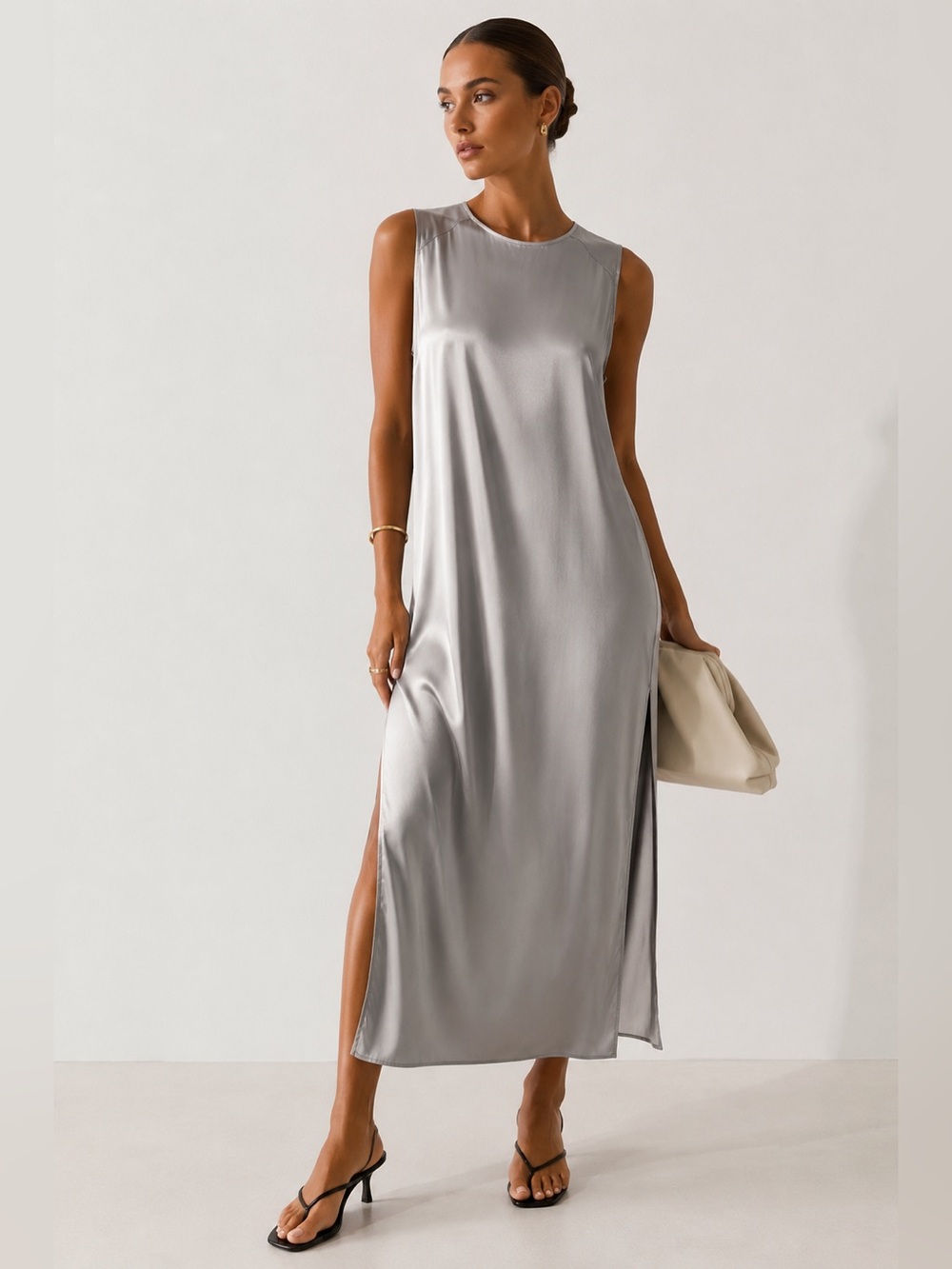 SophieGrace Silk Blend Silver Satin Sleeveless Midi Dress